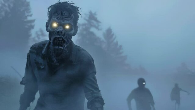 A hungry zombie with crazy eyes tries to approach its victim through the fog