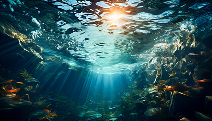 Low angle view underwater in the sea. Clean ocean water and environment conservation concept. Diving background. - Powered by Adobe