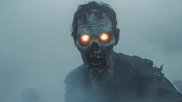 A hungry zombie with crazy eyes tries to approach its victim through the fog