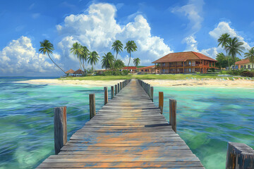 Fototapeta na wymiar A wooden bridge over a body of water with a palm trees and huts on the beach