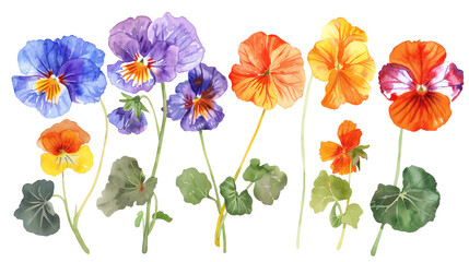 Watercolor clipart of edible flowers Nasturtium, Viola, Borage, Calendula brightly colored, isolated on transparent background