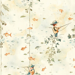 Fishing and River Seamless pattern, Watercolor Art, Cute Fish, Love Ocean, Minimalist, Water Background