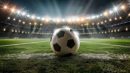 Fototapeta premium classic soccer ball on grass in a stadium with lights in high resolution and quality
