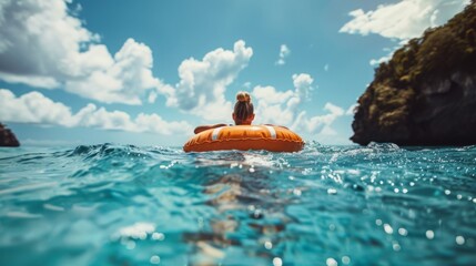 A woman peacefully floats on an orange raft in the vast ocean.