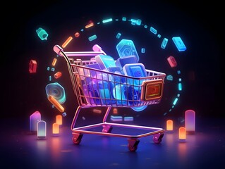 3d rendering of a shopping cart with credit cards in neon light