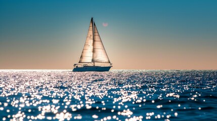 Sailboat sails on the ocean, the sun sparkles on the water