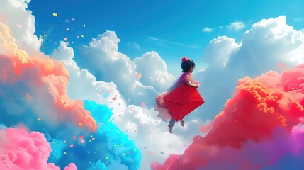Kobieta w czerwonej sukience latająca przez chmury - obrazy, fototapety, plakaty