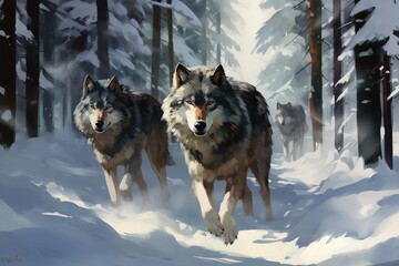 AI generated image of a wolves in winter forest.