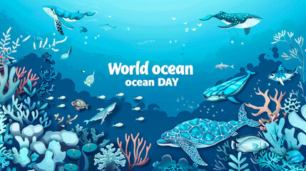 World oceans day flyer. Realistic sea scene with underwater sun beams. Vector illustration. World oceans day logo template with lettering.generative Ai