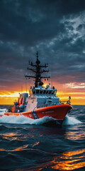A Coast Guard boat cleaves the waves of the sea. Sunny weather. U.S. Coast Guard Day
