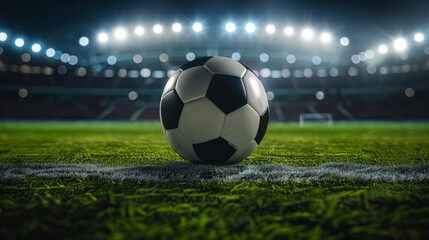 Classic soccer ball on grass in a stadium with back lights in high resolution and quality. soccer concept