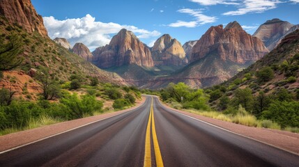 Naklejka premium Asphalt highway road winding through a majestic mountain landscape on a bright day