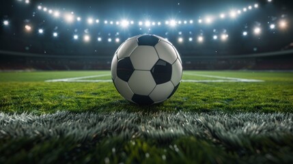 Classic soccer ball on grass in a stadium with back lights in high resolution and quality. football concept, stadium