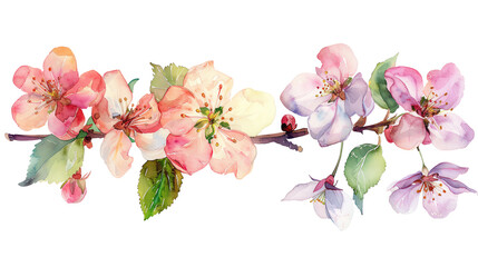 Quartet of orchard blossoms Apple, Cherry, Peach, Plum rendered in delicate watercolors, isolated clipart on transparent background