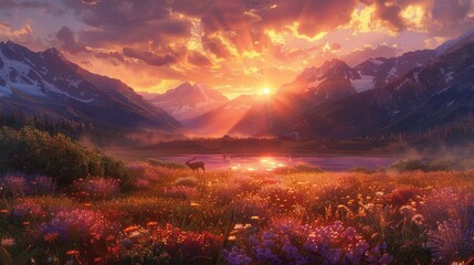 Naklejka premium Generate a visual representation of a majestic sunset scenery