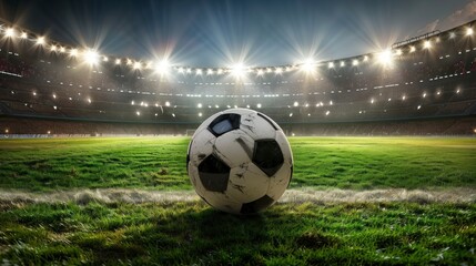 classic soccer ball on grass in a stadium in high resolution