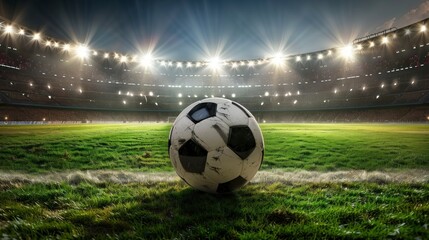 classic soccer ball on grass in a stadium in high resolution