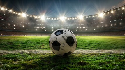 Fototapeta premium classic soccer ball on grass in a stadium in high resolution