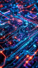 Fototapeta premium Neon-lit abstract background, intertwining circuits and data waves, emphasizing advanced tech themes.