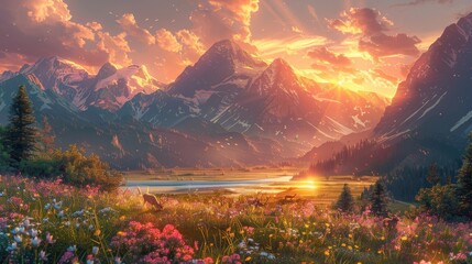 Generate a visual representation of a majestic sunset scenery