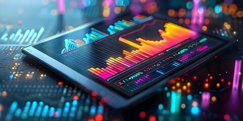Vibrant 3D Financial Analytics and Market Forecast Displayed on a Futuristic Tablet Interface