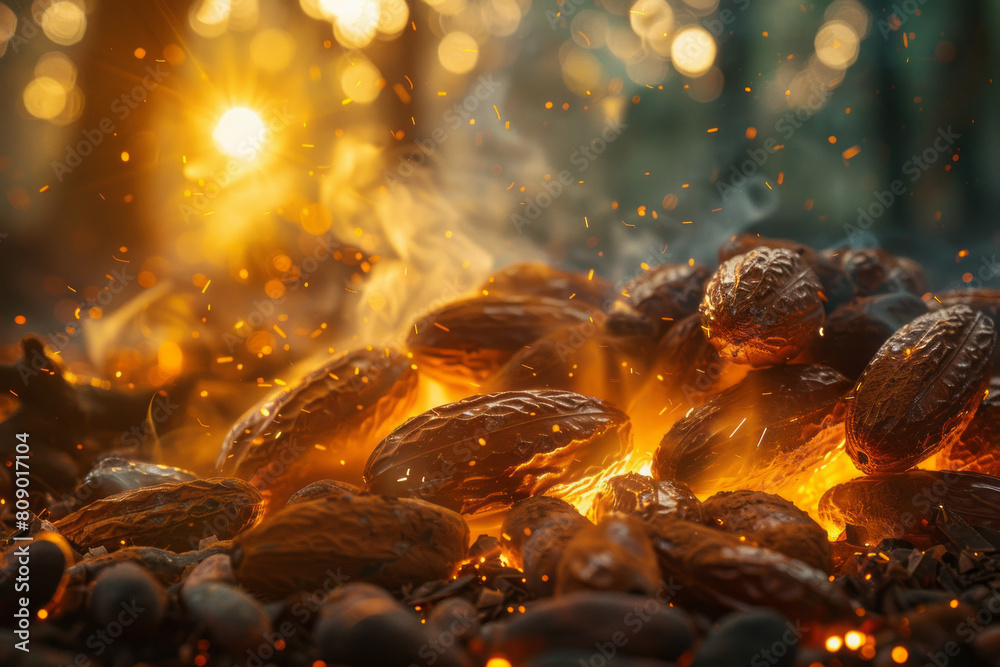 Poster a mystical view of cocoa beans as chocolate orbs, glowing with internal energy and casting a warm, i