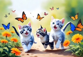 Watercolor painting playful scene of kittens chasi