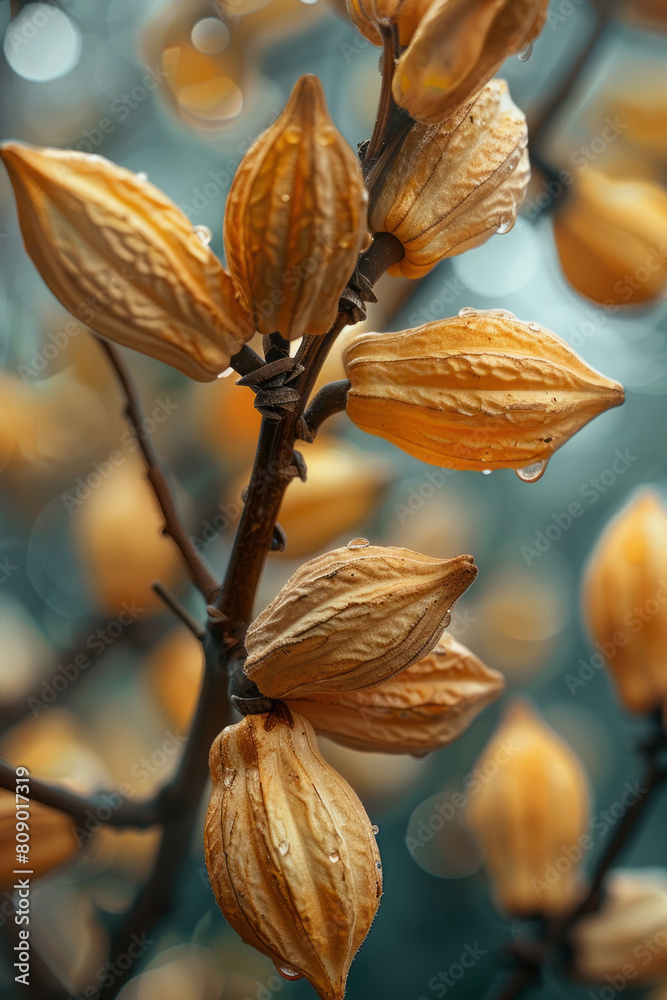 Poster An artistic portrayal of cocoa beans sprouting into a tree, with branches dripping with chocolate, symbolizing growth and energy,