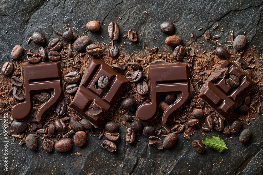 Poster cocoa beans envisioned as chocolate musical notes, composing a symphony that stimulates and energize