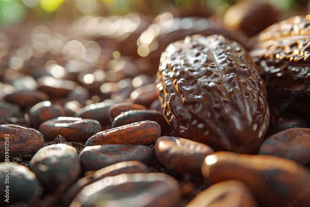 Poster cocoa beans envisioned as chocolate musical notes, composing a symphony that stimulates and energize