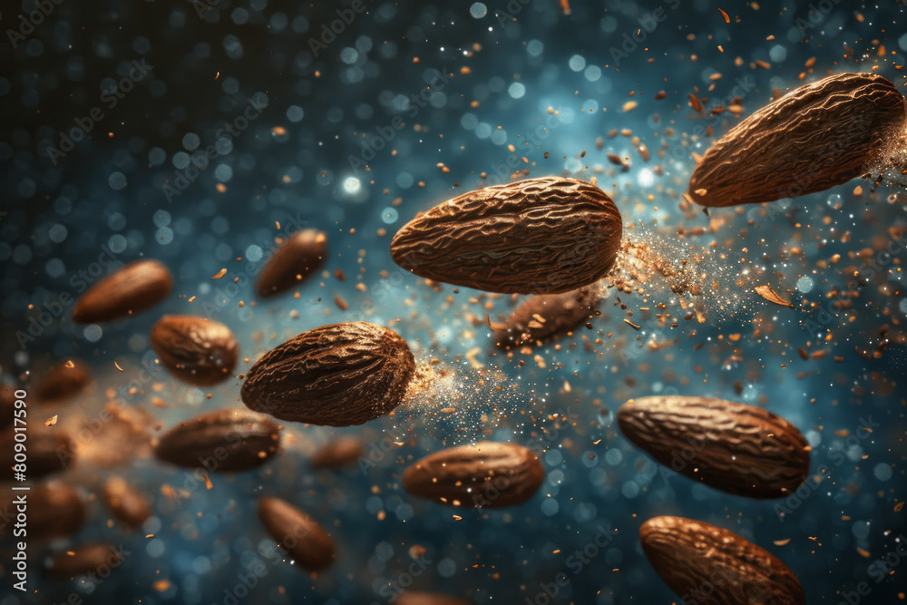 Poster cocoa beans illustrated as chocolate comets streaking across a starry sky, symbolizing their dynamic
