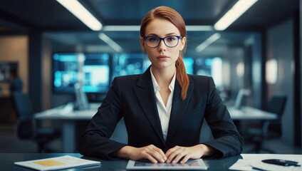 Portrait of a businesswoman in glasses and black coat or jacket looking at camera in an office.