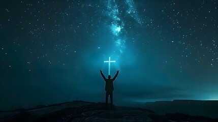 Fototapeta premium A Faithful Figure Stands in Reverence Under the Majestic Glow of a Cross in the Expansive Night Sky