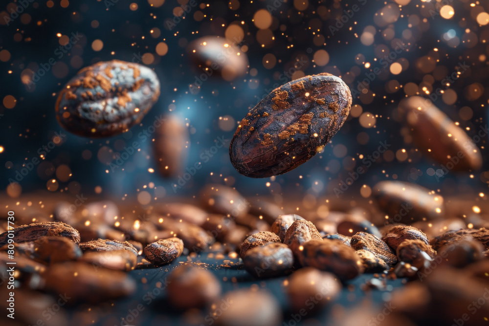 Aufkleber A surreal depiction of cocoa beans floating in space, with streams of chocolate spiraling into infinity, energizing the cosmos,