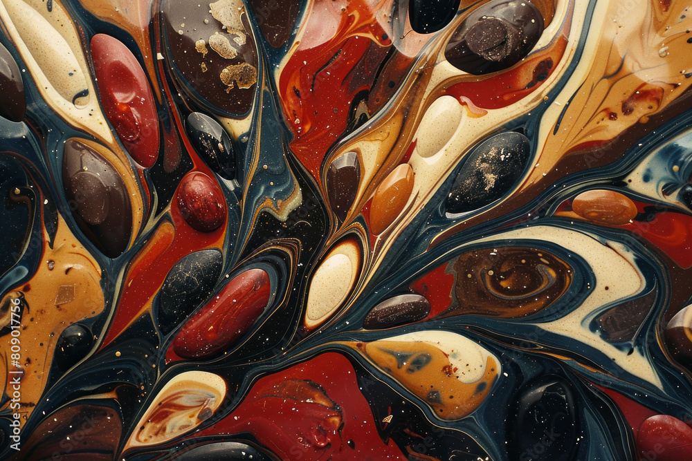 Poster Abstract cocoa beans dissolving into vibrant, swirling patterns of chocolate, representing their stimulating effects,