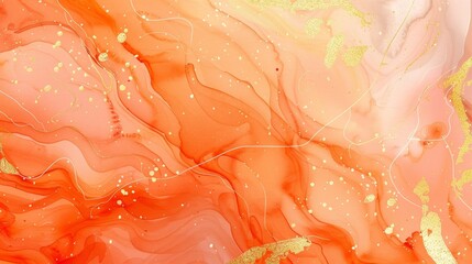 Fototapeta premium Stylish watercolor of an orange and gold marbled background, intricate gold brush lines accentuating the luxurious feel