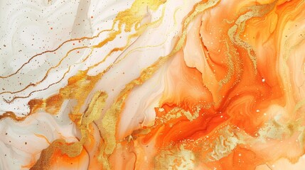 Stylish watercolor of an orange and gold marbled background, intricate gold brush lines accentuating the luxurious feel