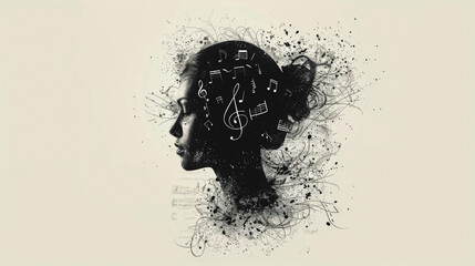 Female head silhouette with music notes, poster design.