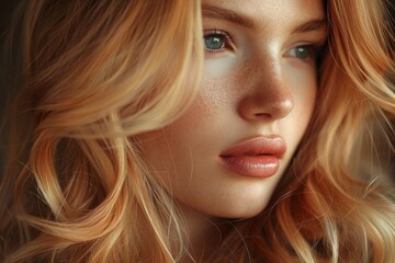 Naklejka premium Striking portrait of a young woman with freckles and flowing wavy hair highlighted by warm lighting