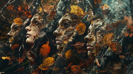 Obraz premium Surreal depiction of a group of adults in a forest, their faces artistically blended with autumn leaves and bark textures, ideal for an environmental campaign