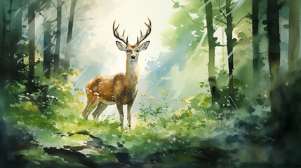 Watercolor illustration of a majestic stag standing in a vibrant, sunlit forest clearing surrounded by lush greenery.