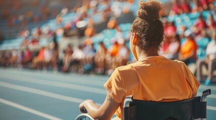A woman in a wheelchair watches a tennis match with focused attention and interest.