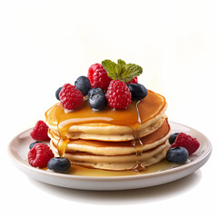 araffe pancakes with syrup and berries on a plate