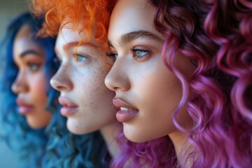 Naklejka premium Close-up profile view of diverse women with hair colors from orange to pink, showing texture