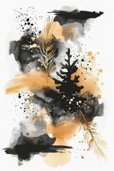 Trendy watercolor card template with fluid black ink shapes and metallic gold accents, perfect for a sophisticated holiday message