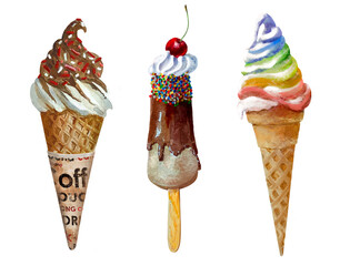 ice cream cone with chocolate and fruits,watercolor illustration 