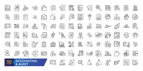 Accounting and audit icon collection. Business symbols. Editable stroke.