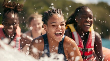 A group of young individuals joyfully riding on top of a boat as it moves through the water.