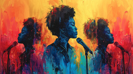 Obraz premium Musical background with African American women singing into microphones.