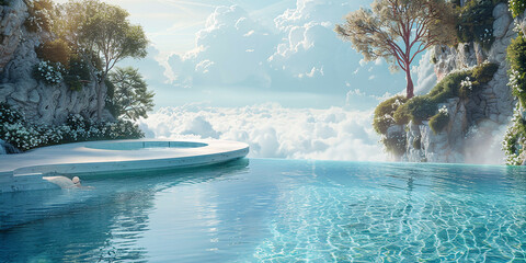 Luxury pool with surreal dreamscape  